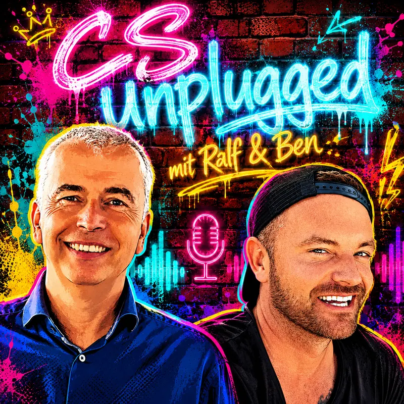 CS unplugged Cover-Artwork: Ralf und Ben im Pop-Art-Stil vor Neon-Graffiti auf Backsteinwand