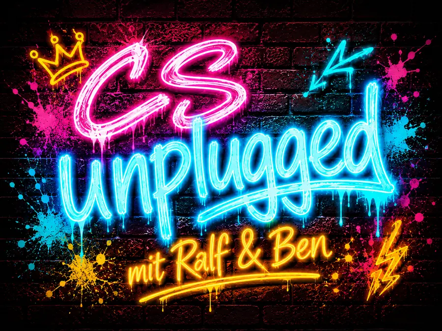 CS unplugged – Neon-Graffiti-Logo auf Backsteinwand