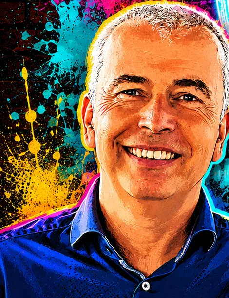 Ralf Mühlenhöver im Pop-Art-Stil, lächelnd im blauen Hemd vor buntem Farbspritzer-Hintergrund